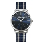 THOMAS SABO WA0268 Silver watch with a blue gradient dial, classic hour markers, and a textured blue strap featuring white stripes.